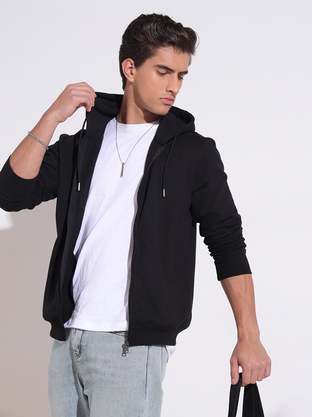 Men's Black Hooded Zip-Up Sweatshirt