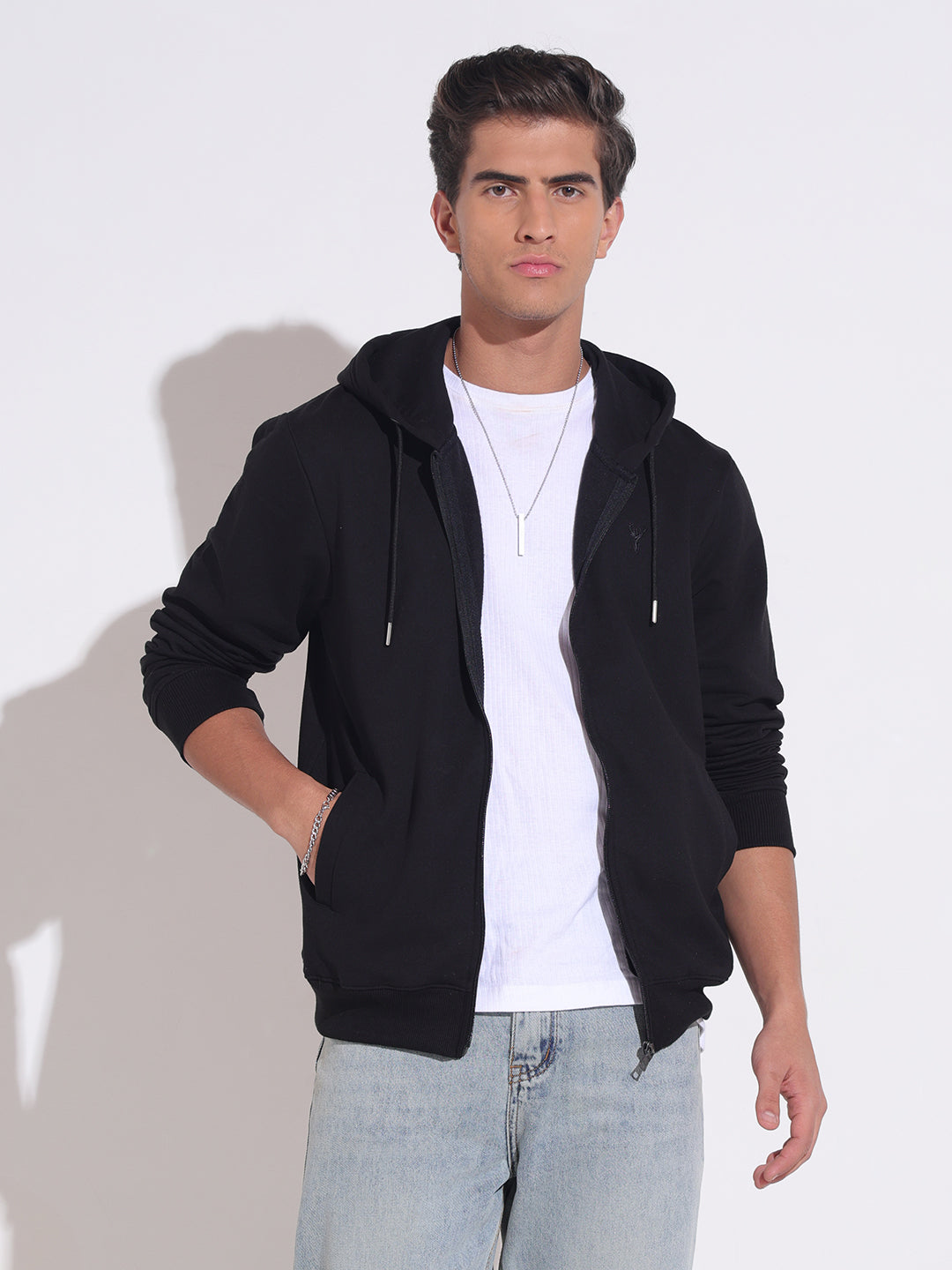Men's Black Hooded Zip-Up Sweatshirt