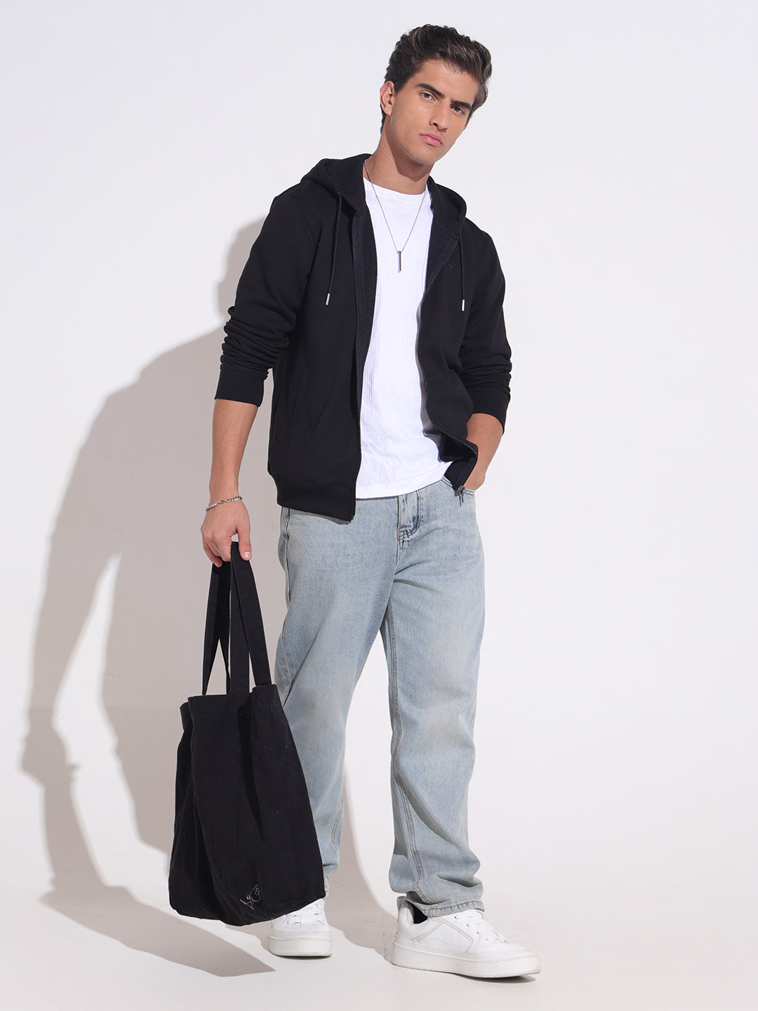 Men's Black Hooded Zip-Up Sweatshirt