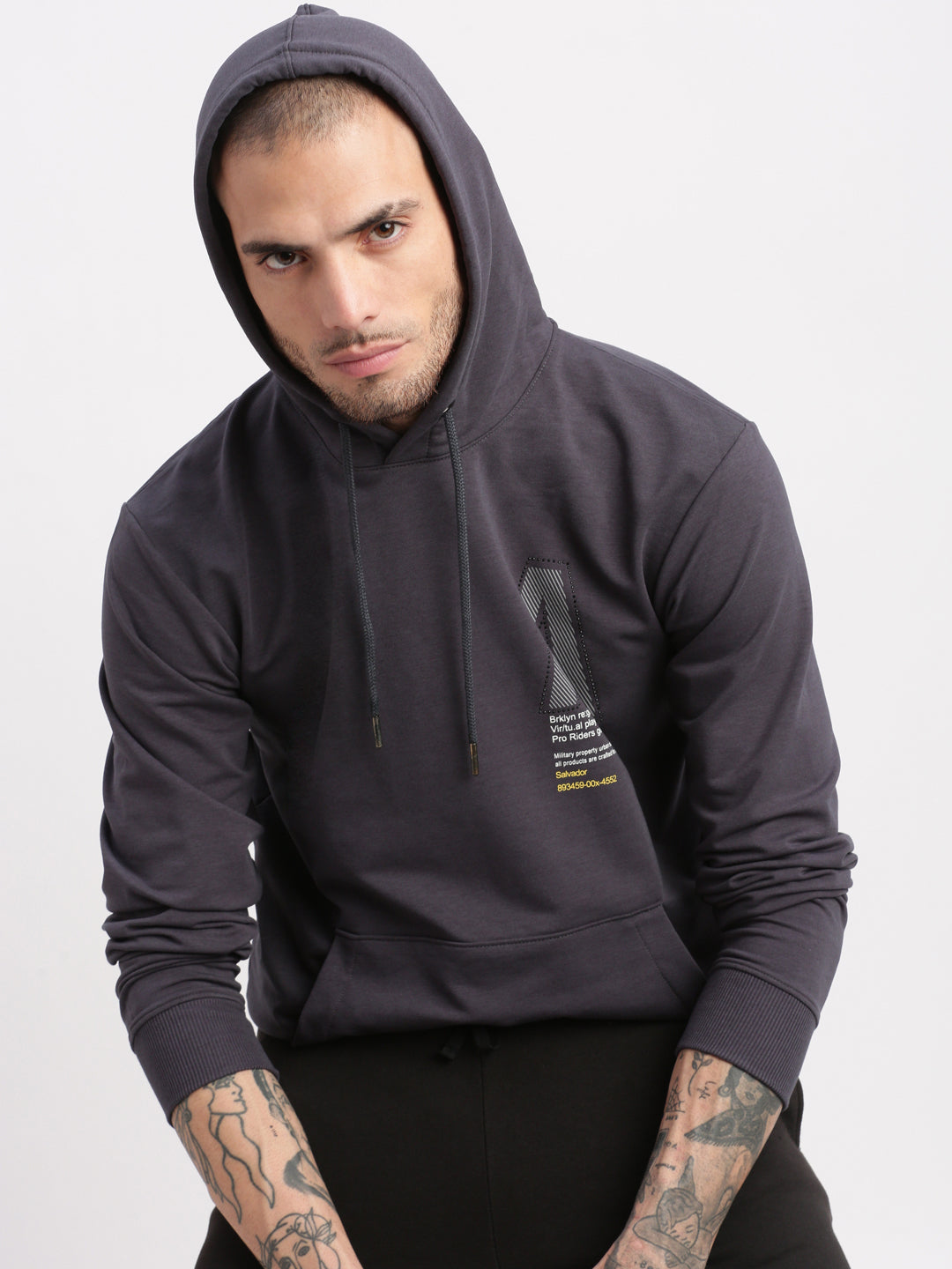 Men Grey Graphic Hooded Pullover