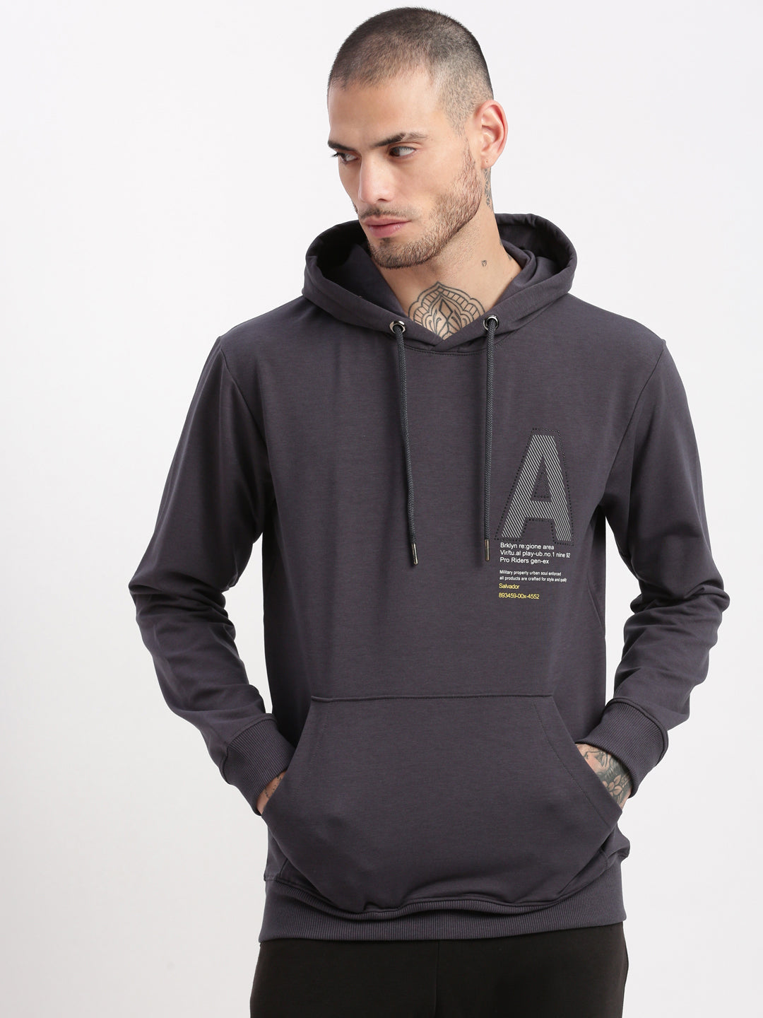 Men Grey Graphic Hooded Pullover