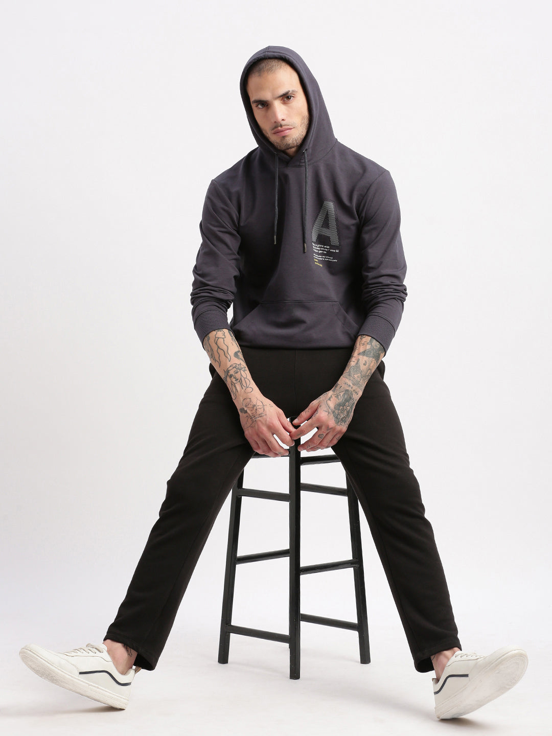 Men Grey Graphic Hooded Pullover