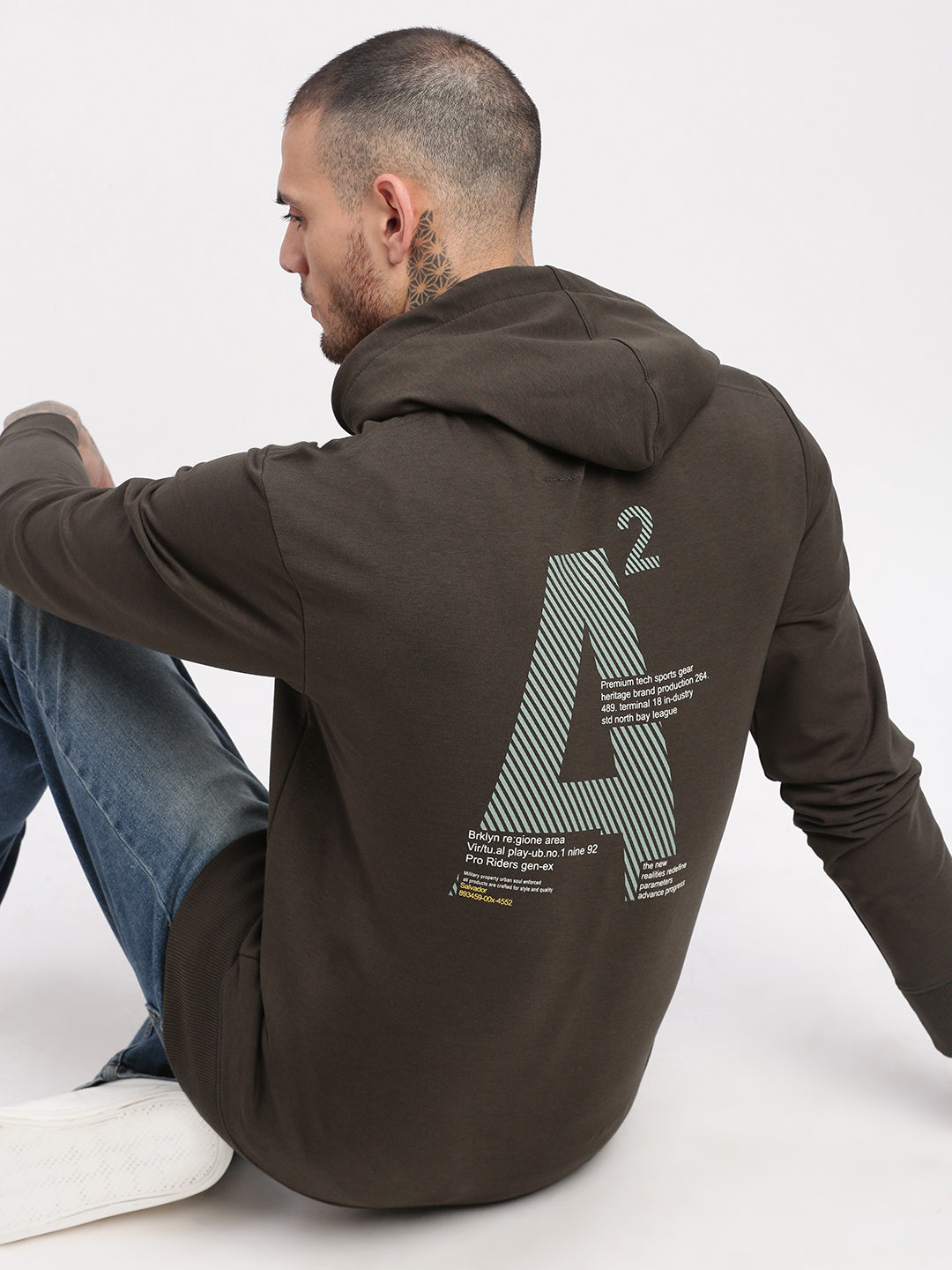 Men Olive Graphic Hooded Pullover