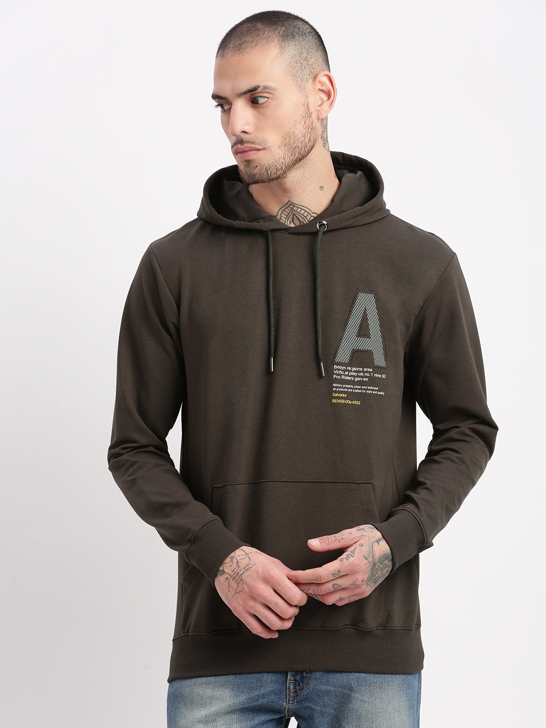 Men Olive Graphic Hooded Pullover