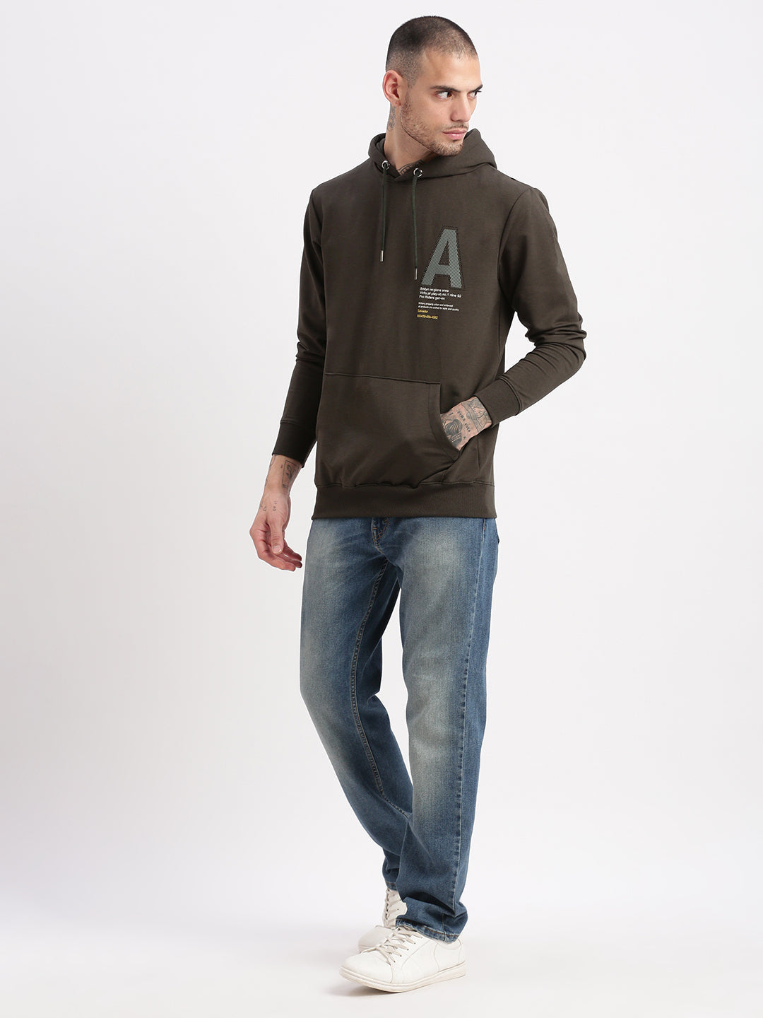 Men Olive Graphic Hooded Pullover