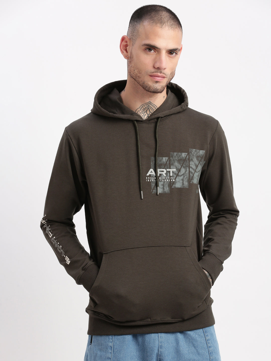 Men Green Graphic Hooded Pullover