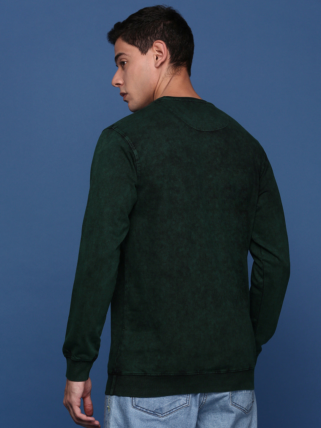 Men Round Neck Solid Green Pullover