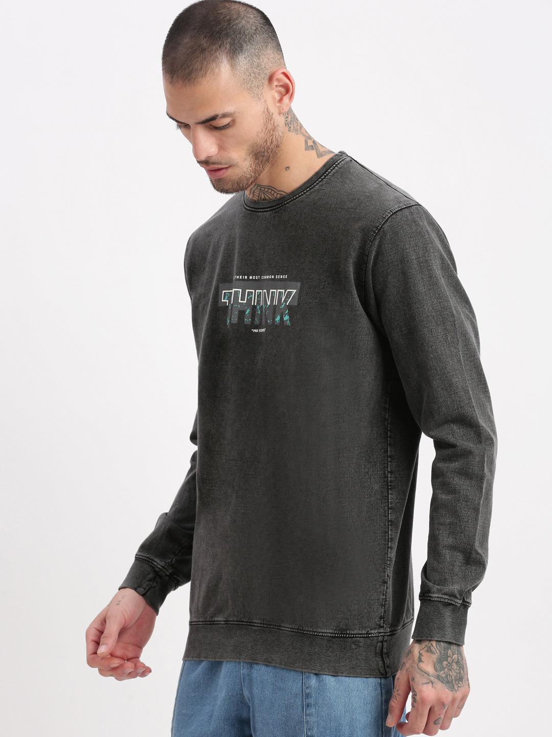 Men Grey Solid Round Neck Pullover