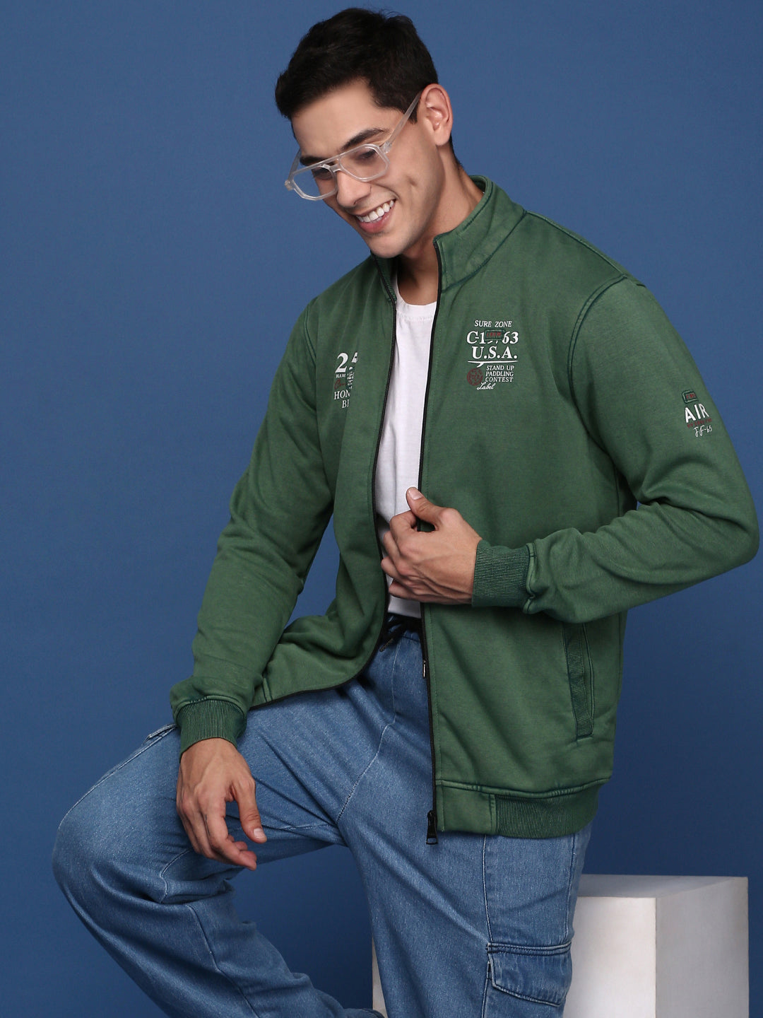 Men Solid Green Bomber Jacket