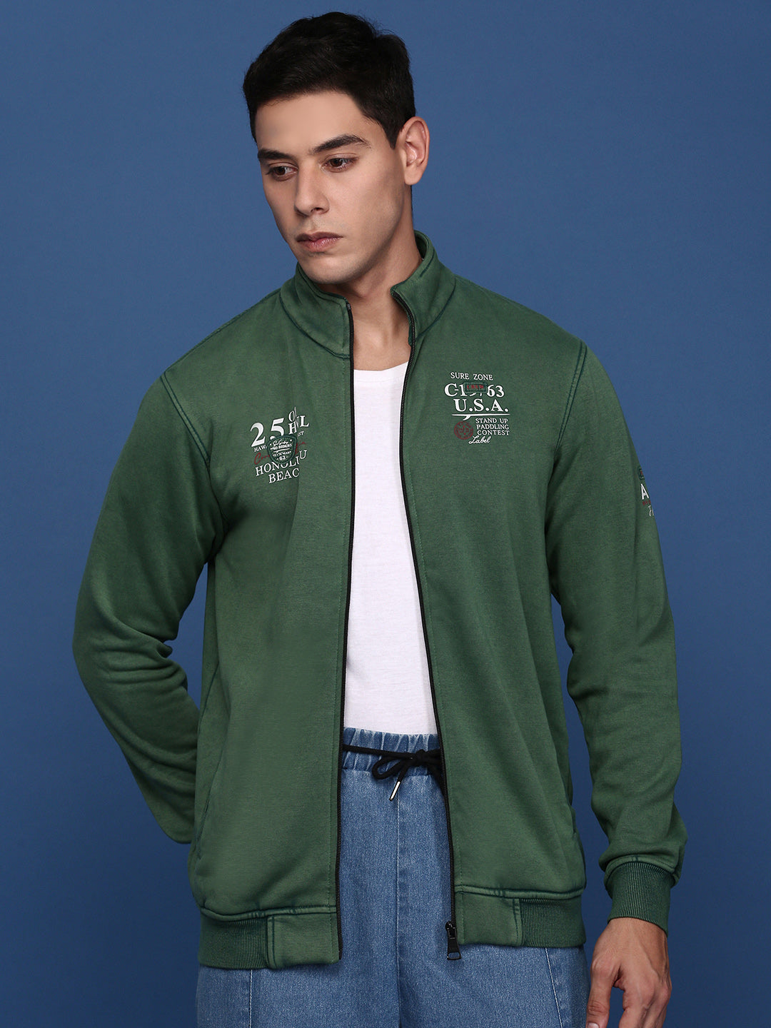 Men Solid Green Bomber Jacket