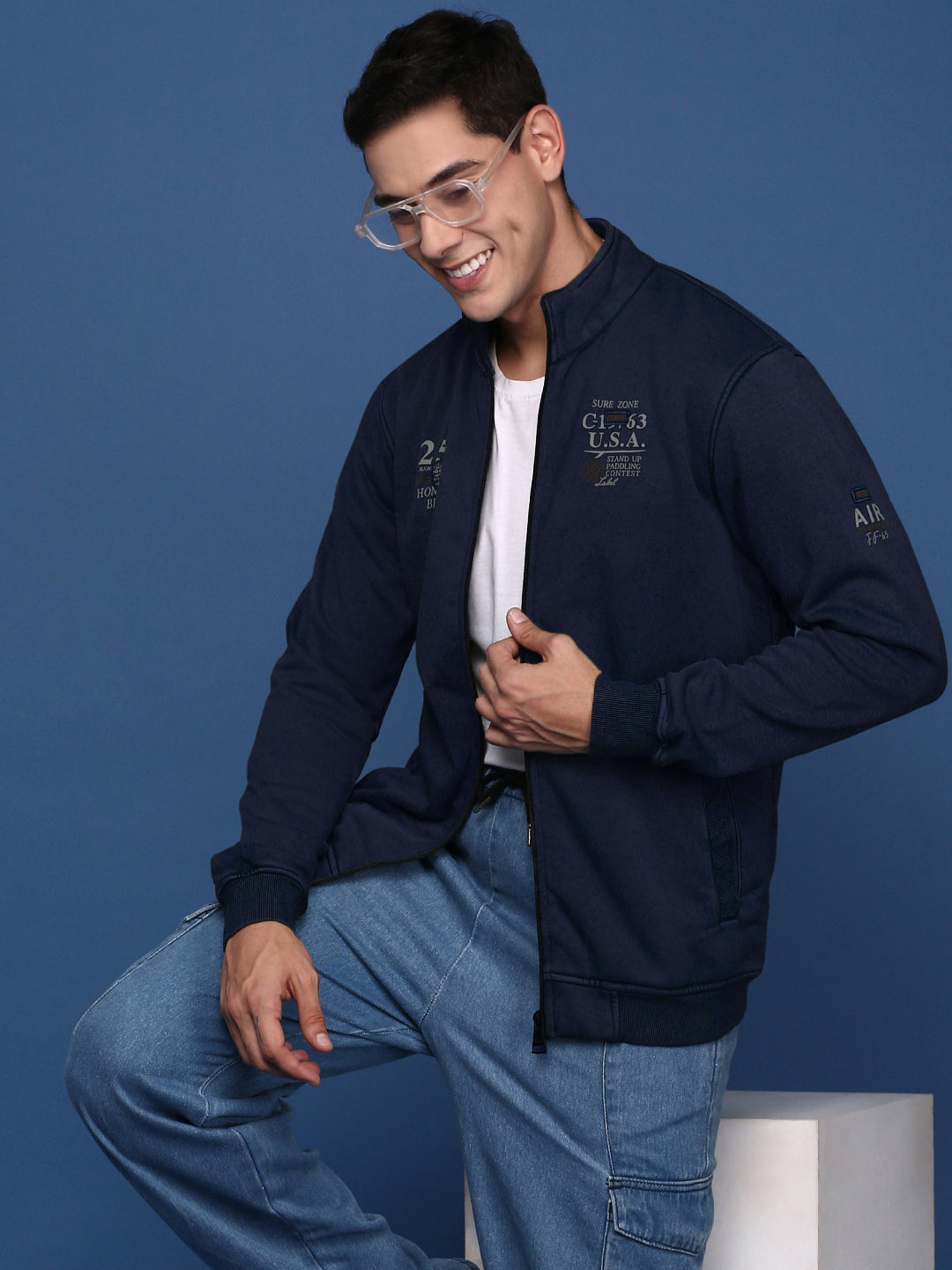 Men's Printed Navy Blue Mock Collar Bomber Jacket
