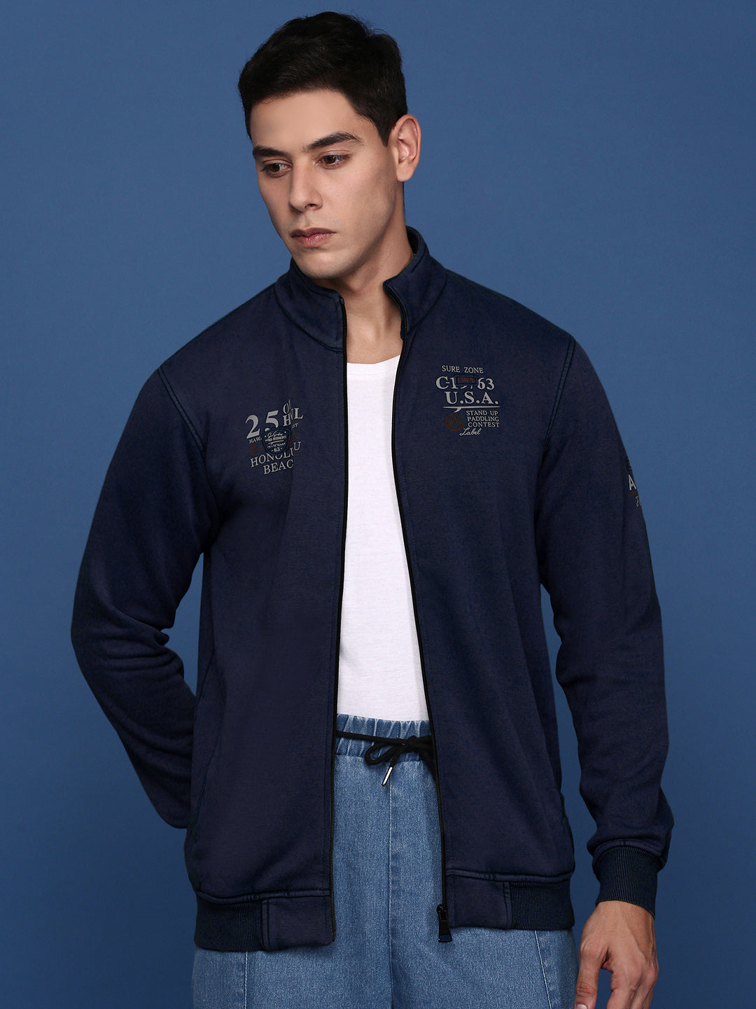 Men's Printed Navy Blue Mock Collar Bomber Jacket