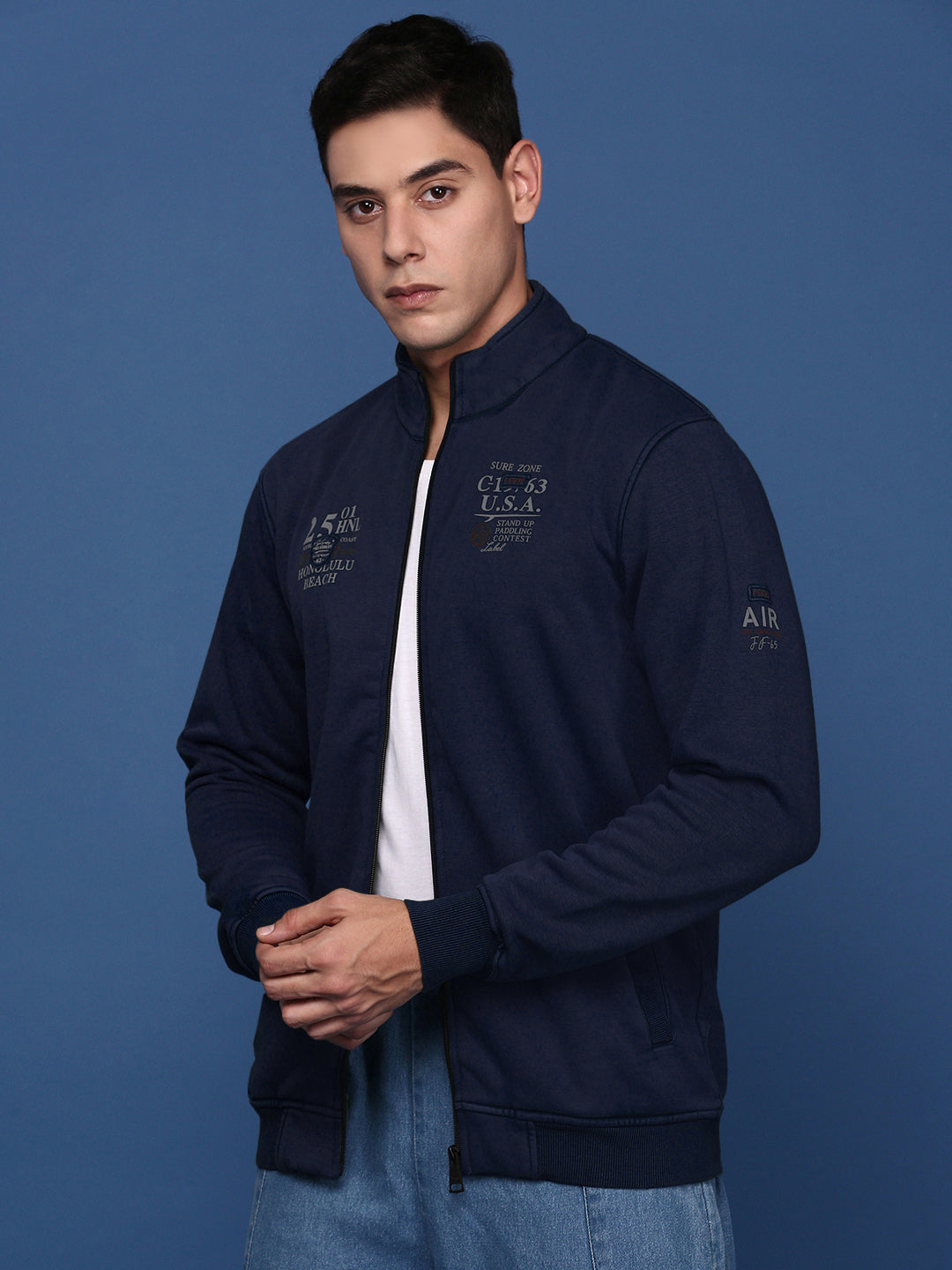 Men's Printed Navy Blue Mock Collar Bomber Jacket