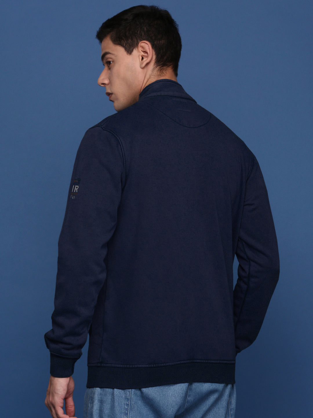 Men's Printed Navy Blue Mock Collar Bomber Jacket