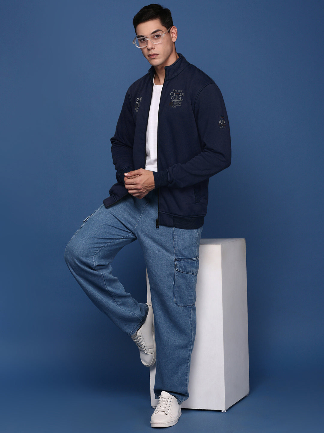 Men's Printed Navy Blue Mock Collar Bomber Jacket