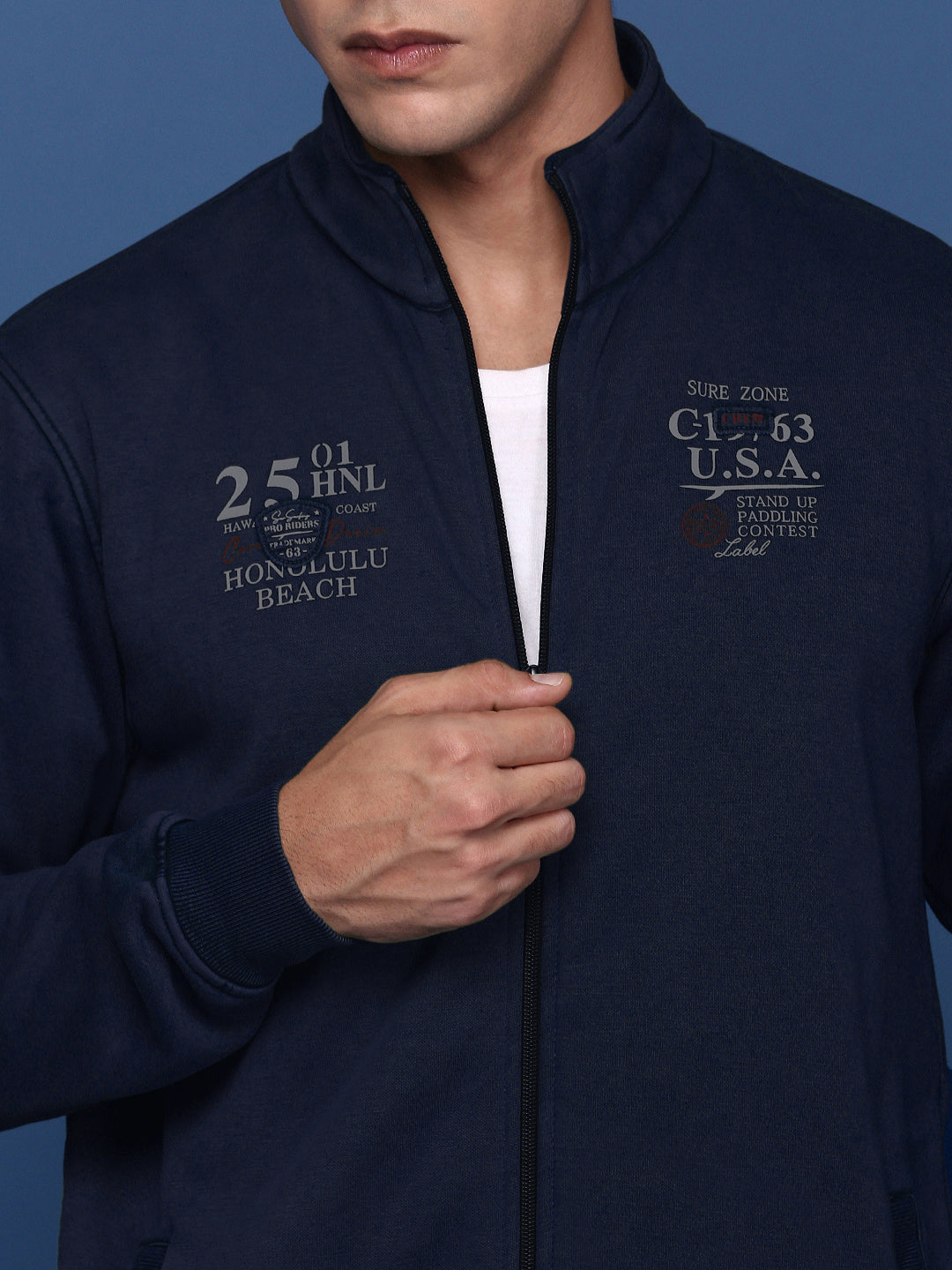 Men's Printed Navy Blue Mock Collar Bomber Jacket