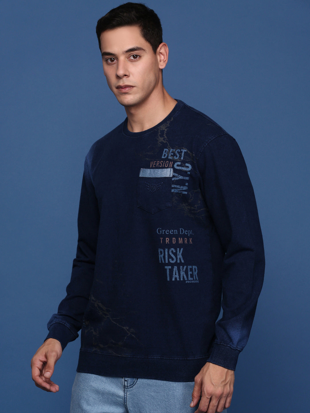 Men Round Neck Printed Navy Blue Pullover