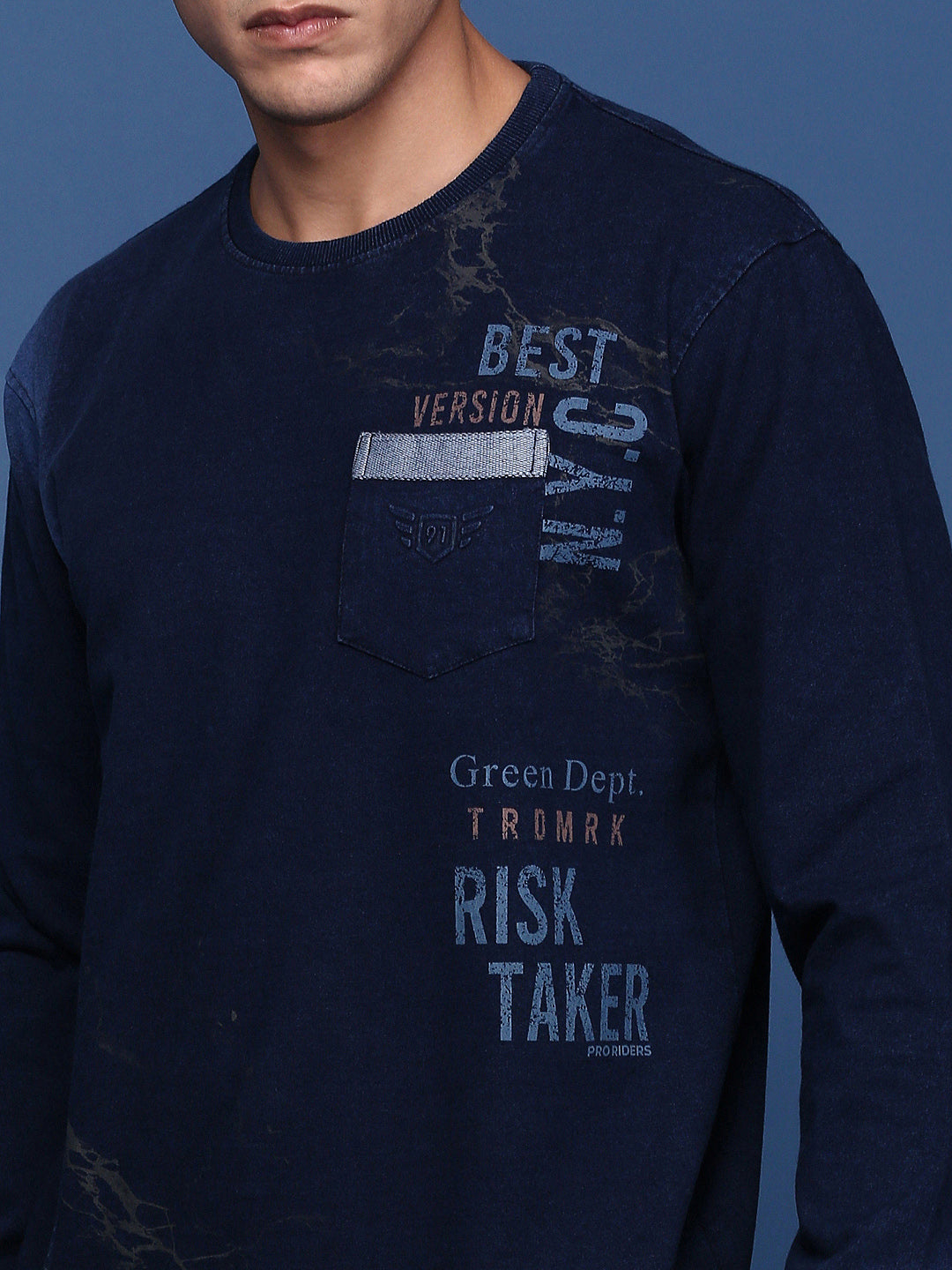 Men Round Neck Printed Navy Blue Pullover