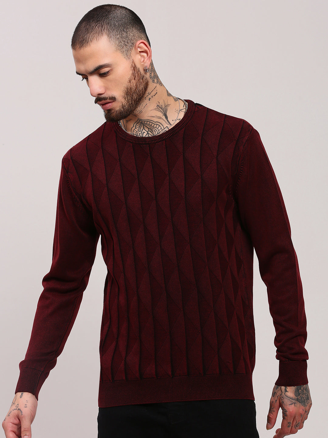 Men Maroon Geometric Sweater