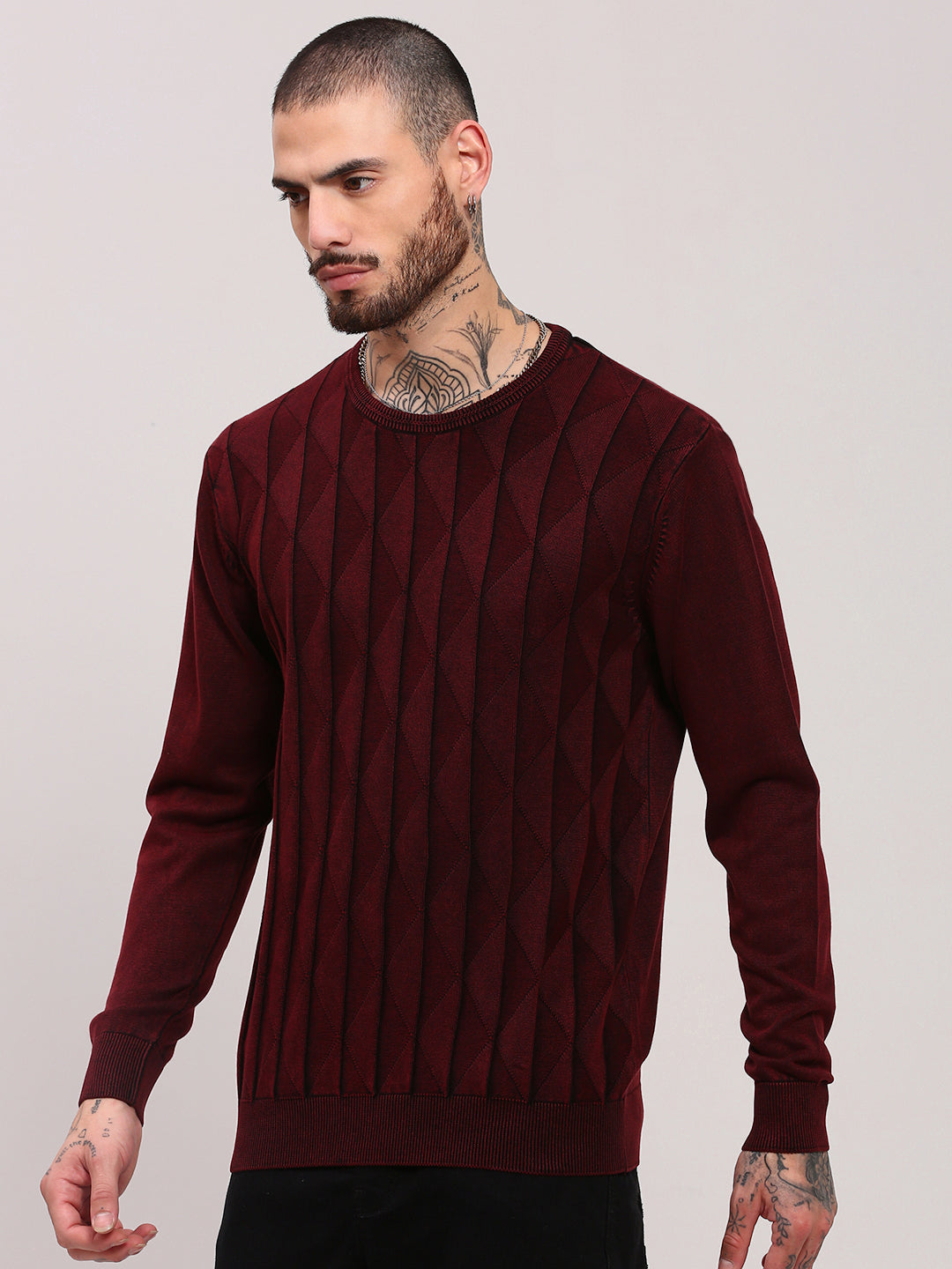 Men Maroon Geometric Sweater