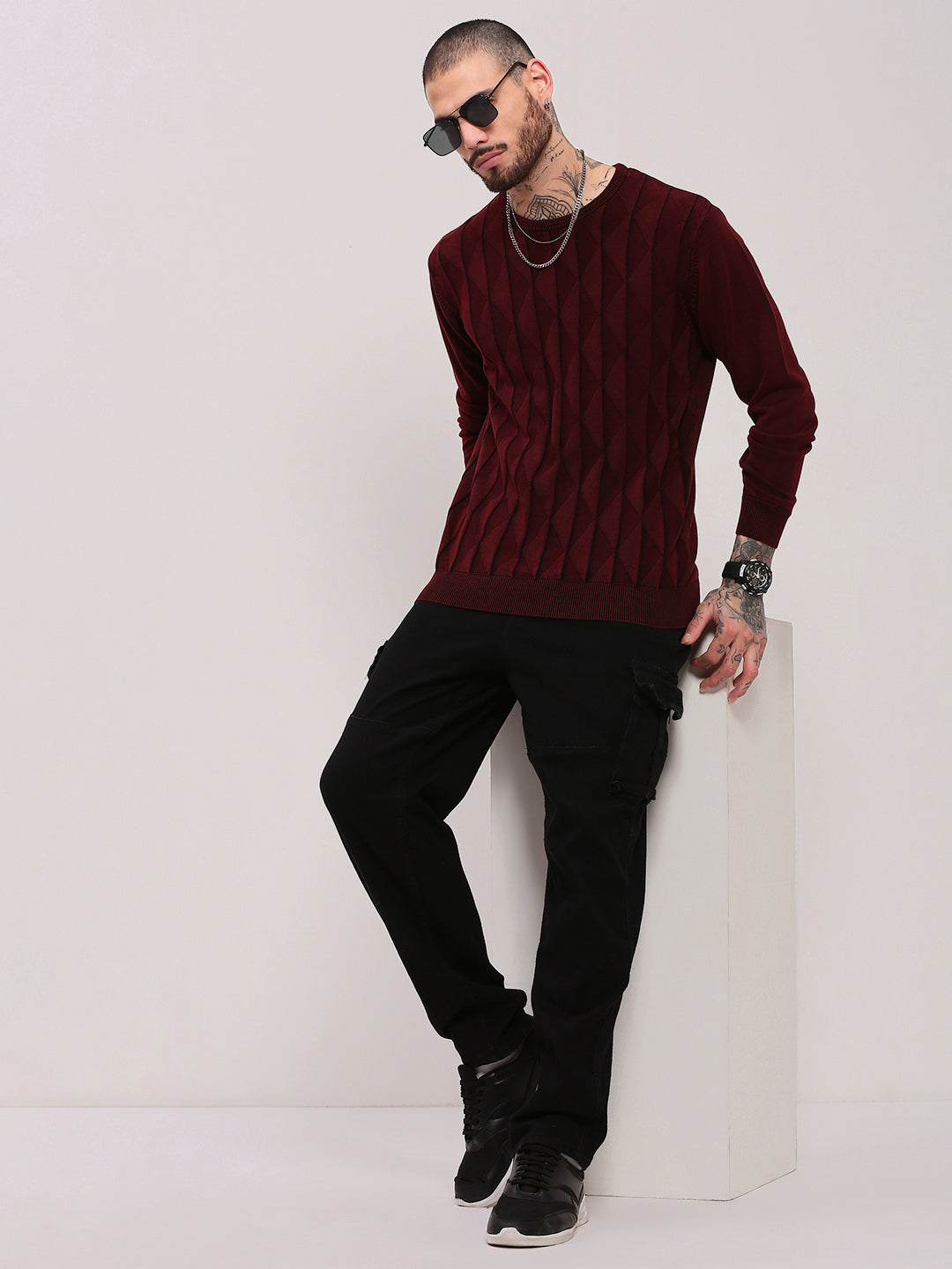 Men Maroon Geometric Sweater