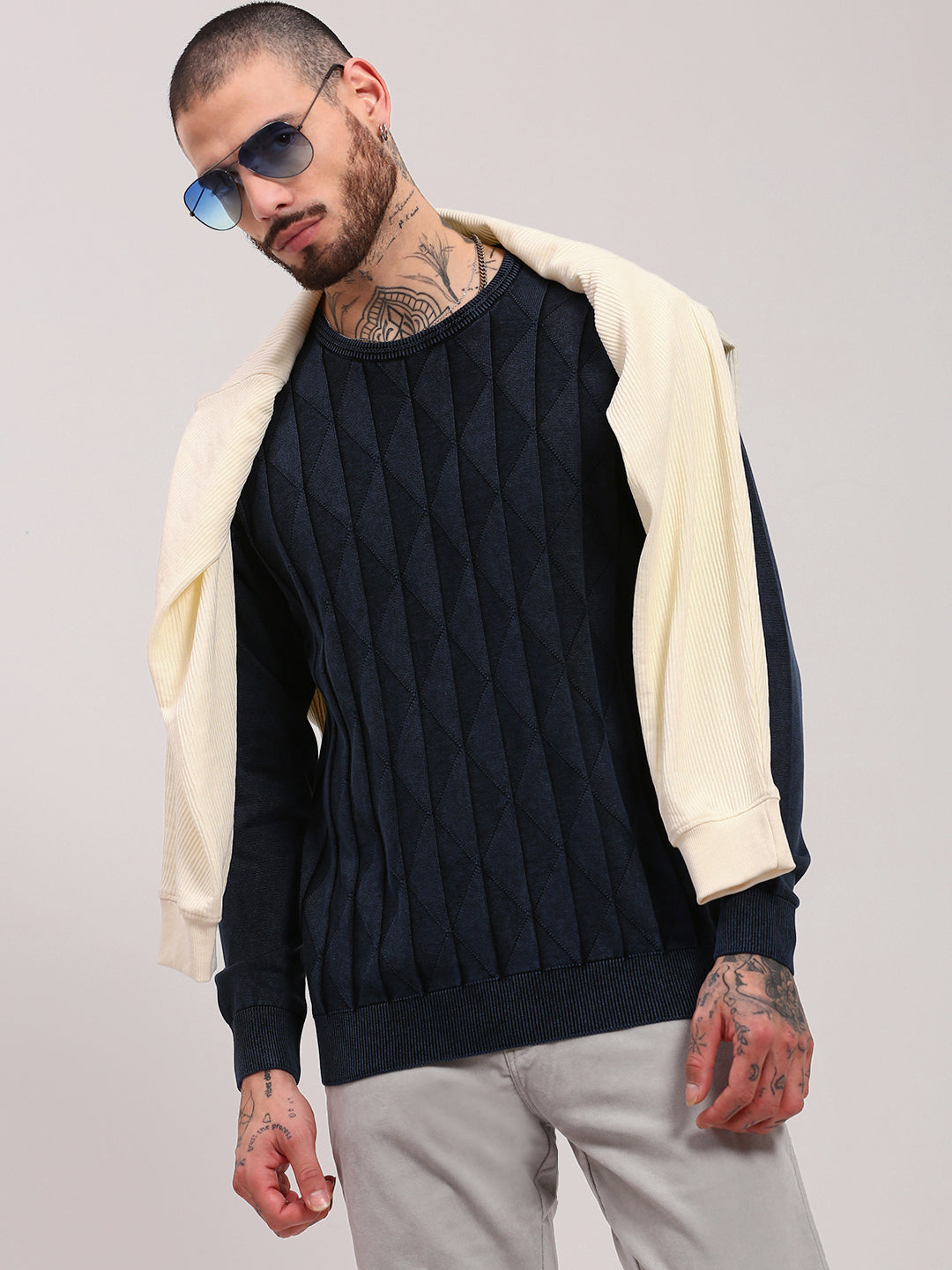 Men Navy Blue Geometric Sweater