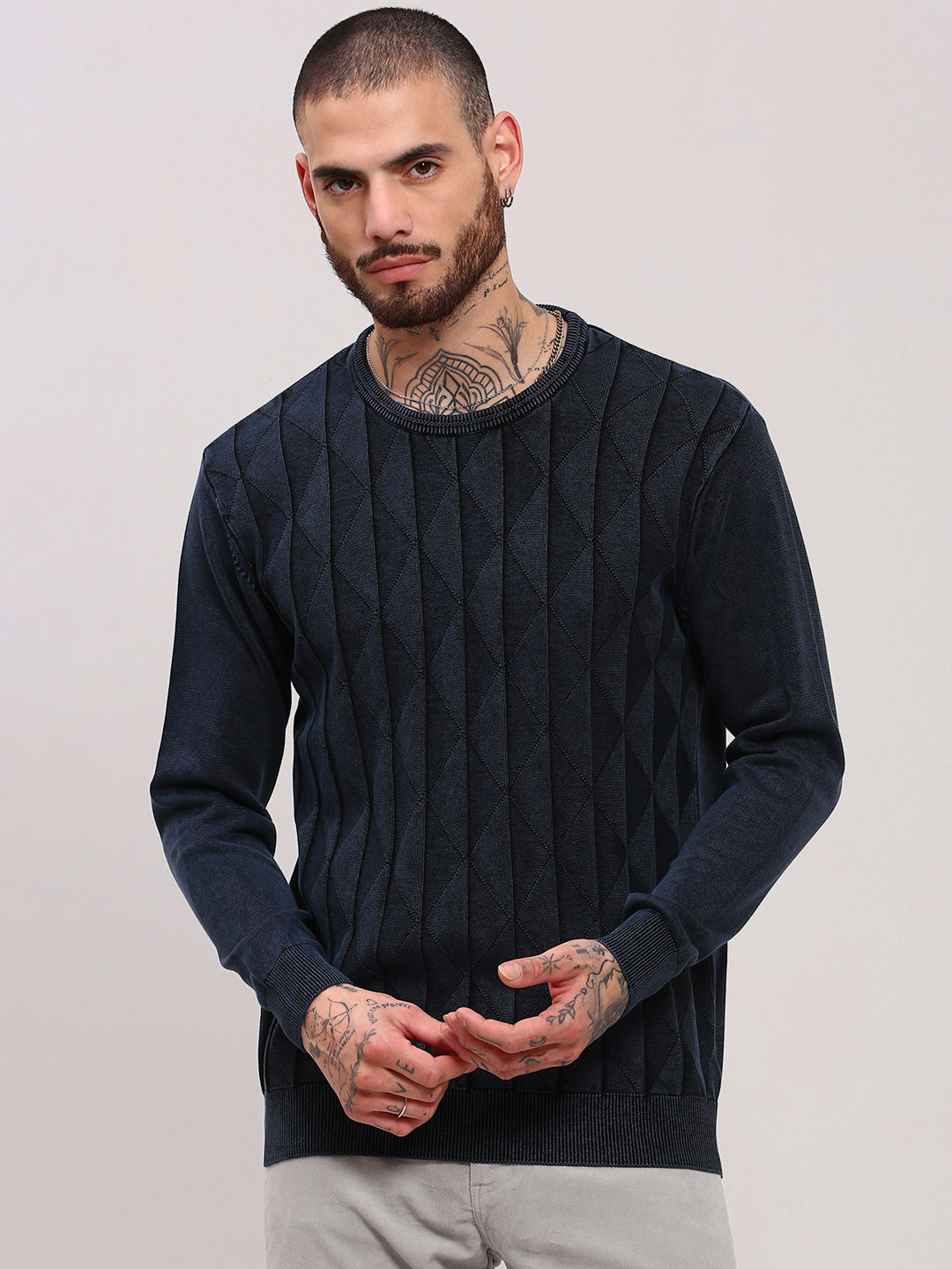 Men Navy Blue Geometric Sweater