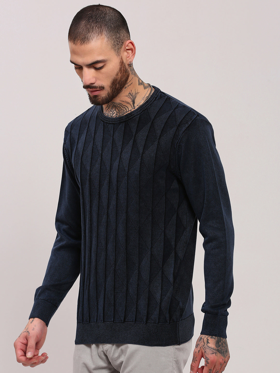 Men Navy Blue Geometric Sweater