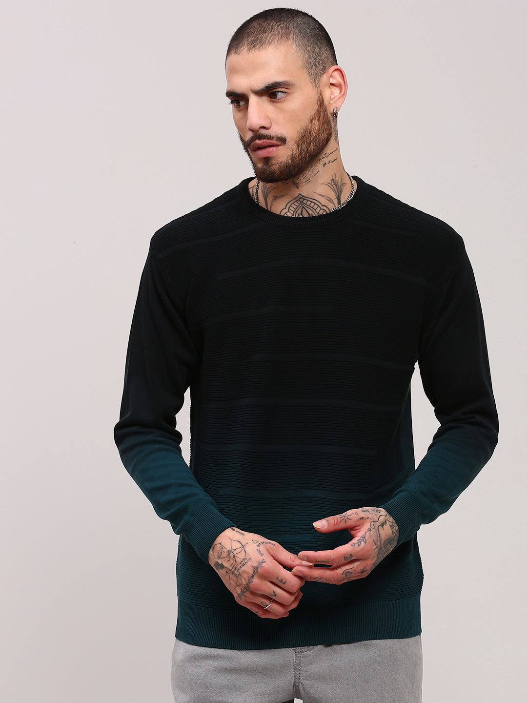 Men Teal Colourblocked Sweater