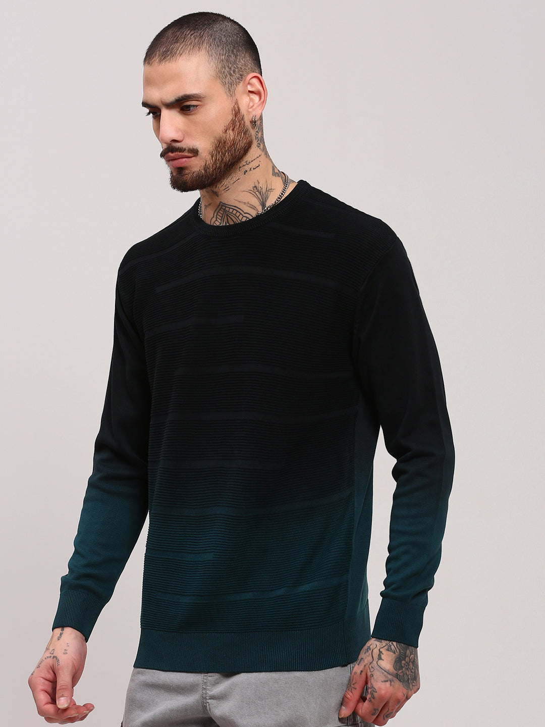 Men Teal Colourblocked Sweater