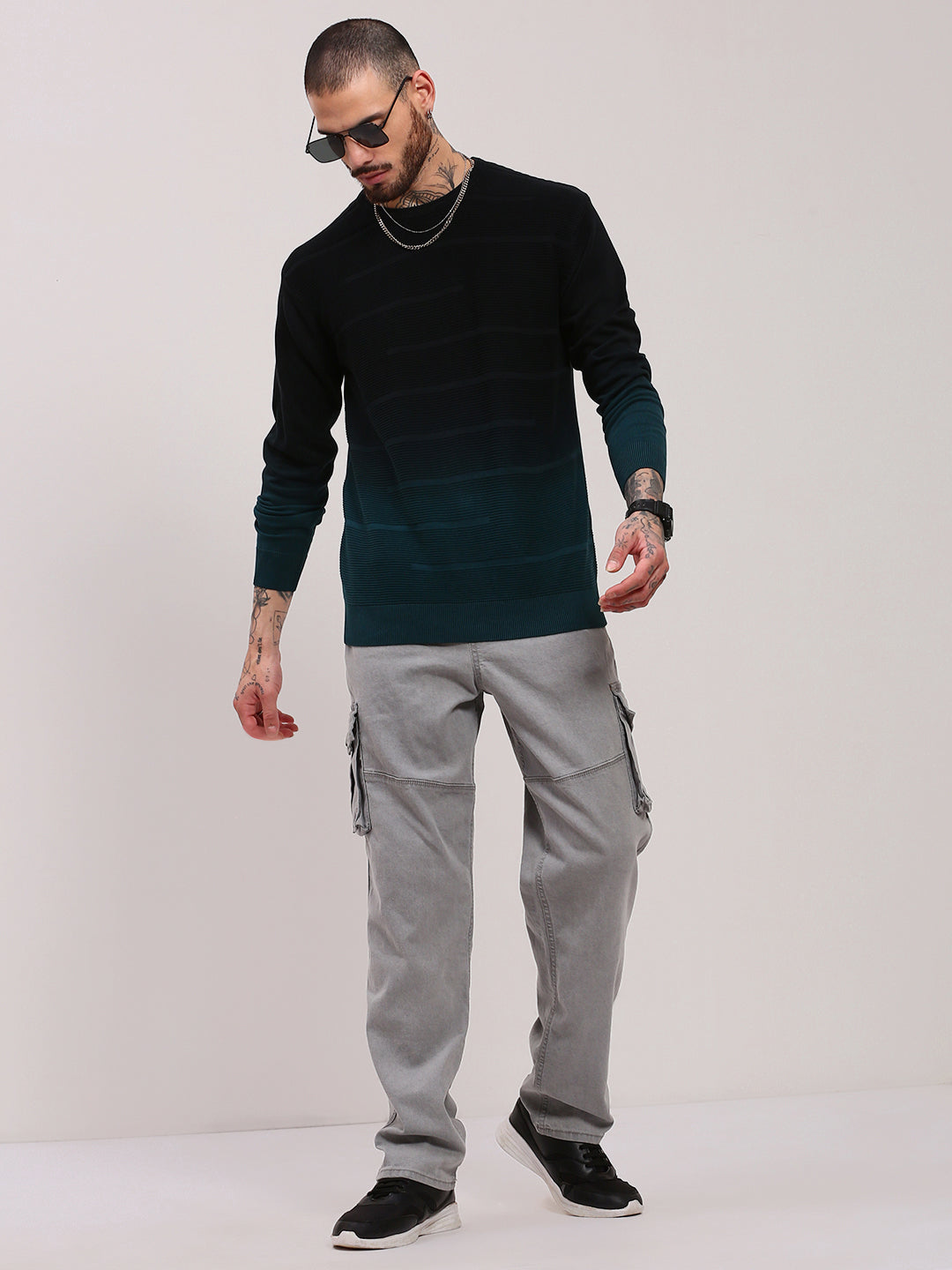 Men Teal Colourblocked Sweater