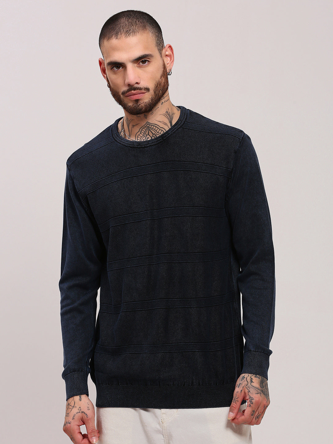 Men Navy Blue Solid Sweater