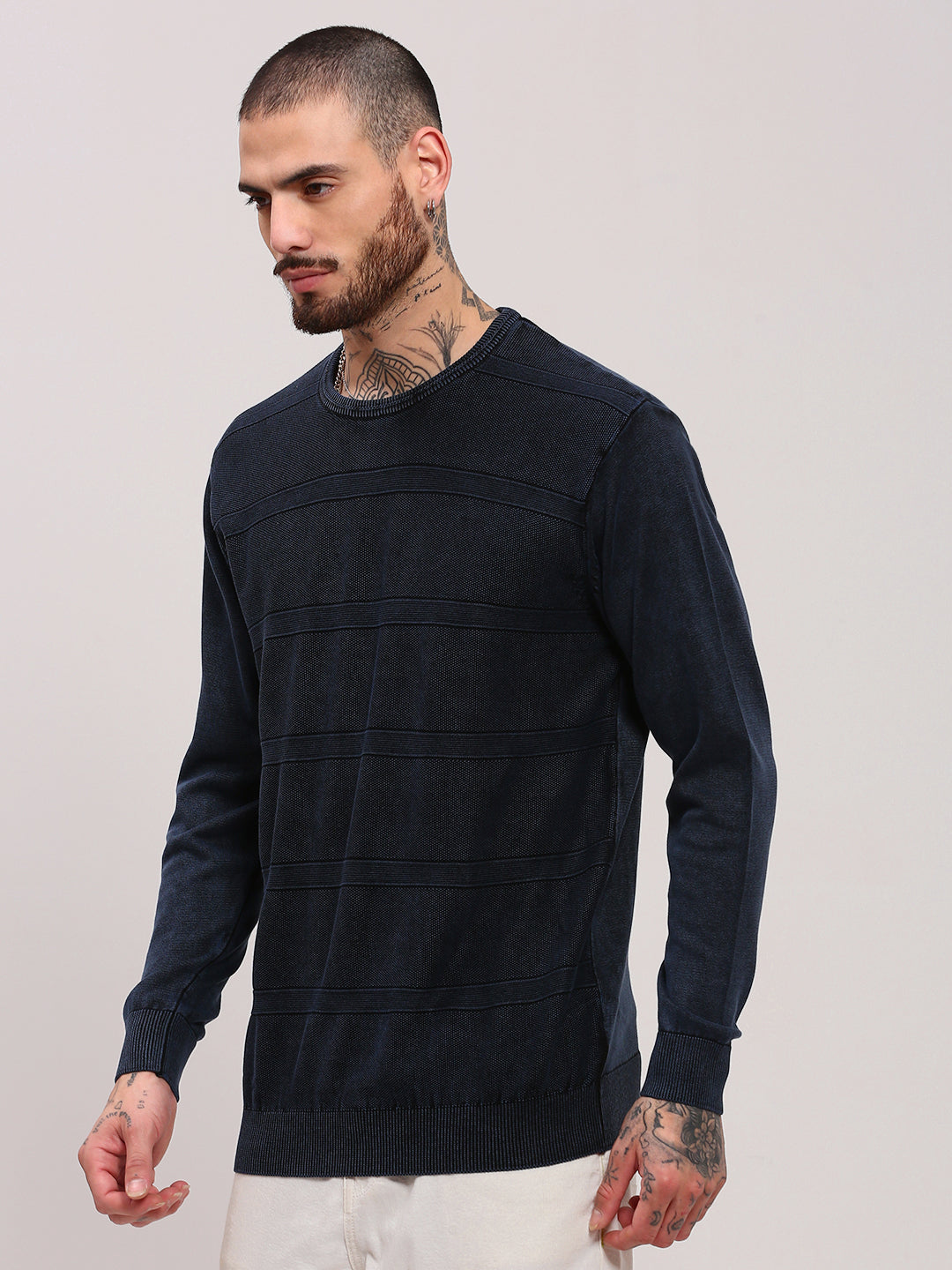 Men Navy Blue Solid Sweater