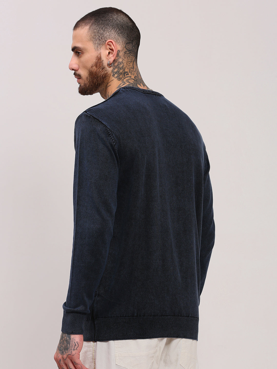 Men Navy Blue Solid Sweater