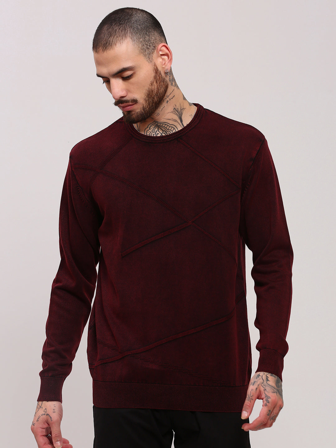 Men Maroon Solid Sweater