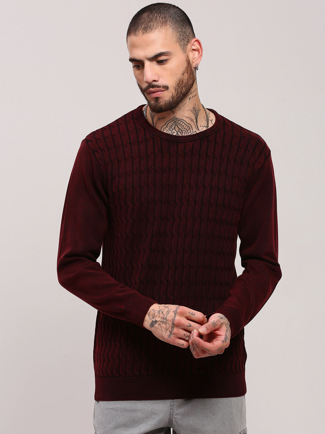 Men Maroon Solid Sweater