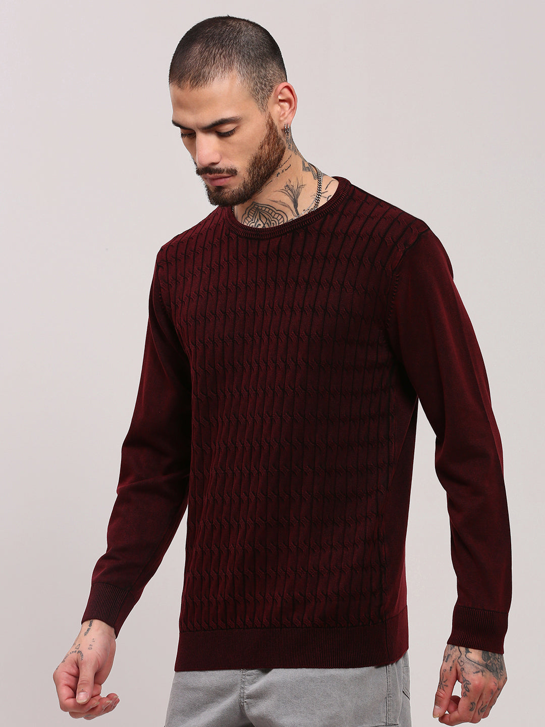 Men Maroon Solid Sweater