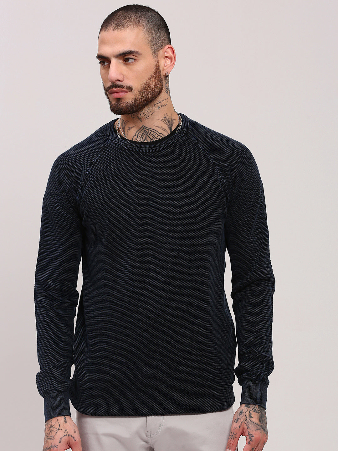 Men Navy Blue Solid Sweater