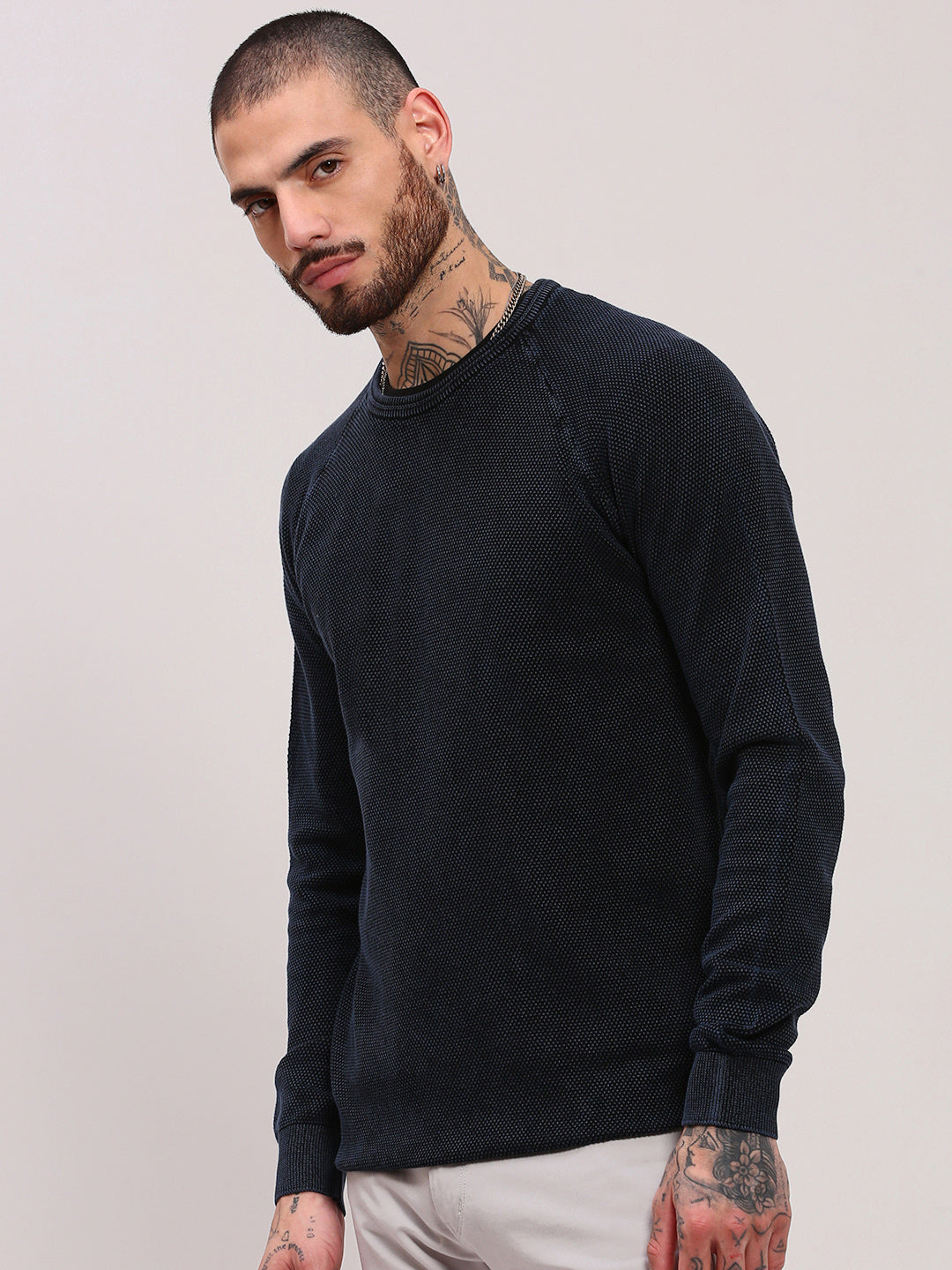 Men Navy Blue Solid Sweater