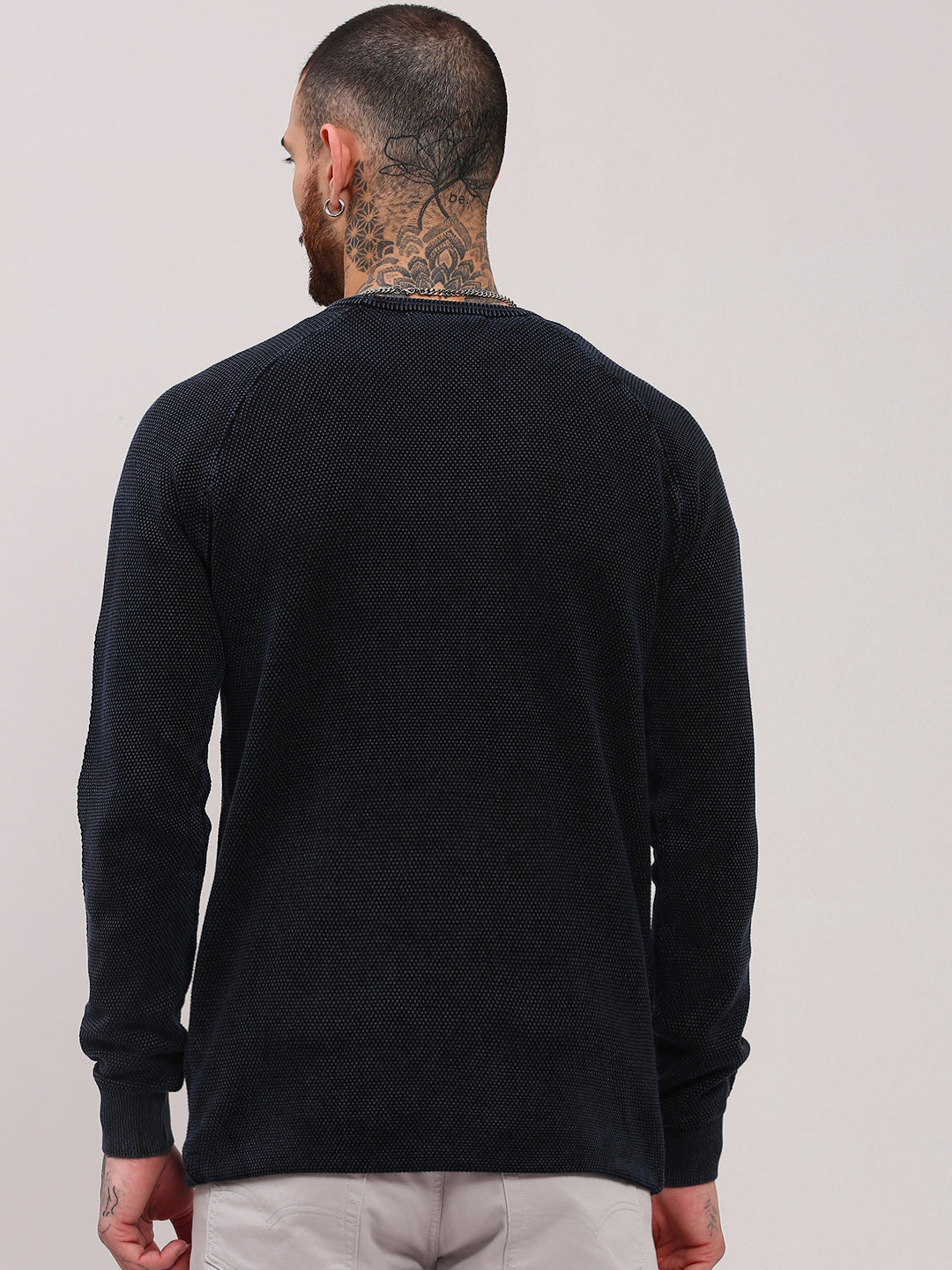 Men Navy Blue Solid Sweater