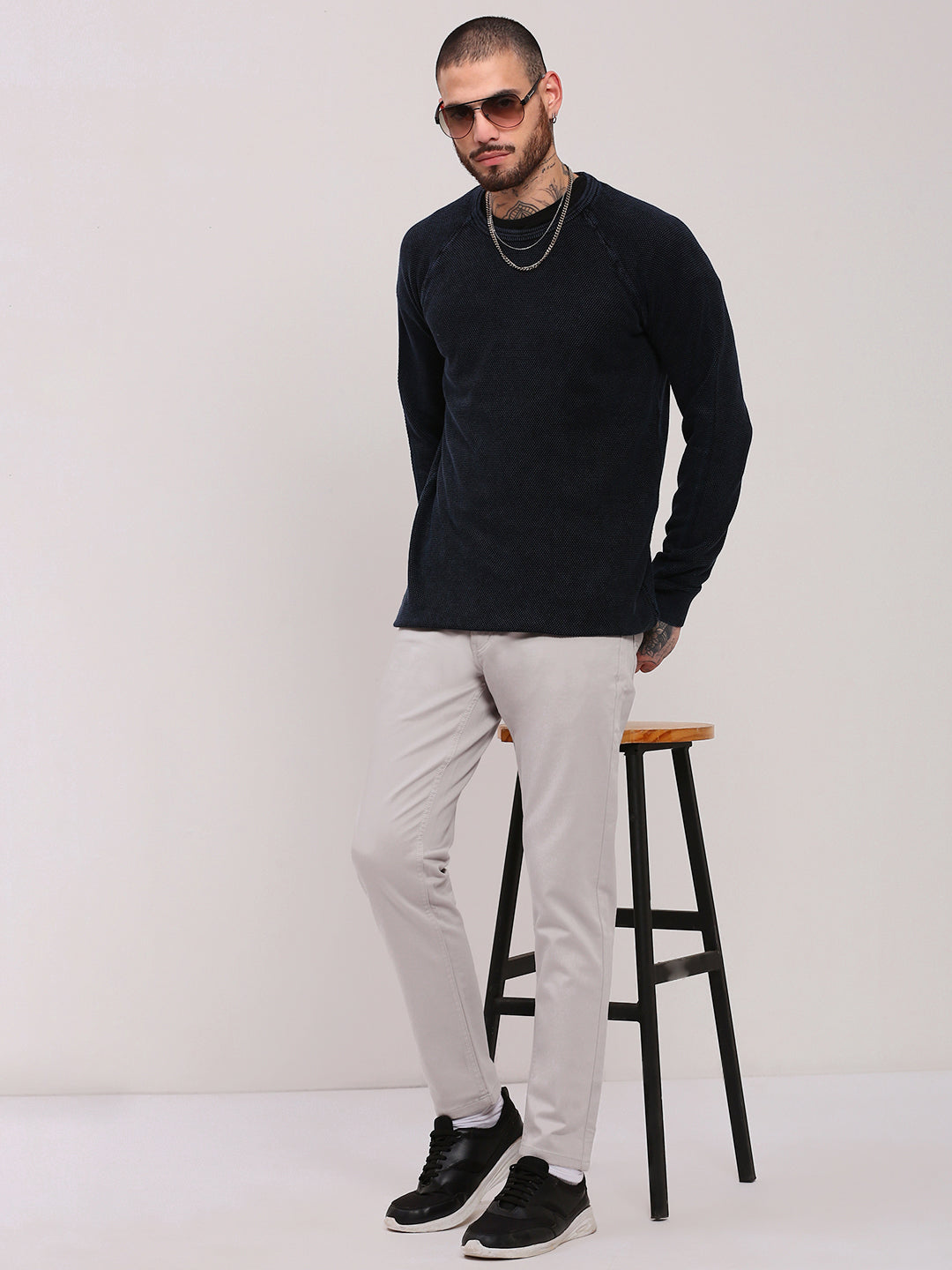 Men Navy Blue Solid Sweater