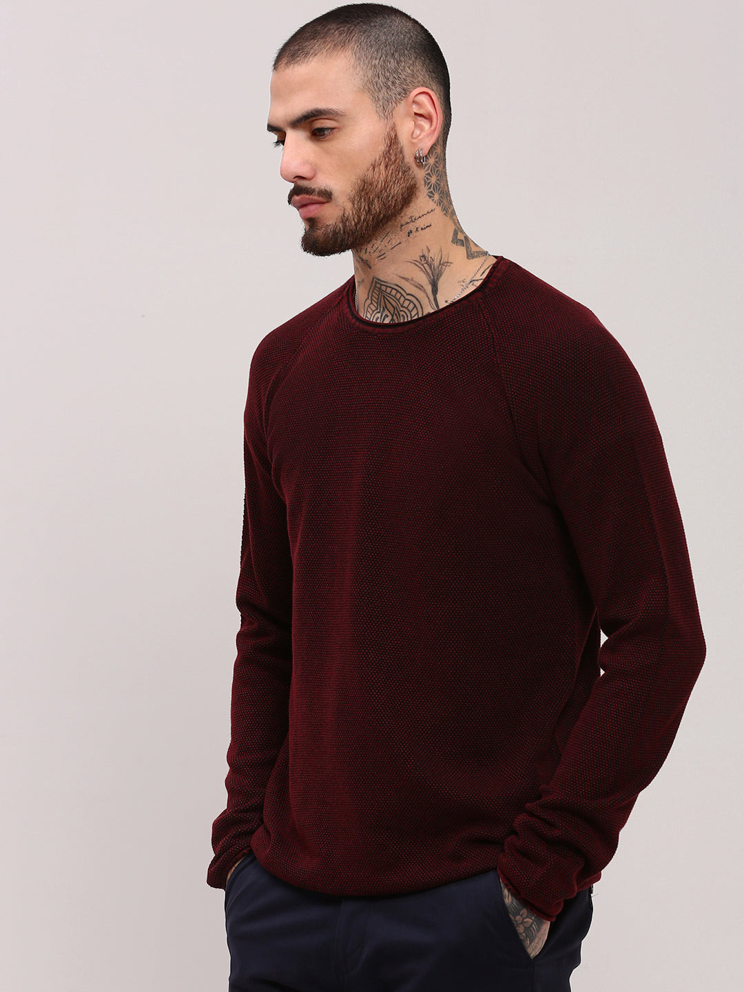 Men Maroon Solid Sweater