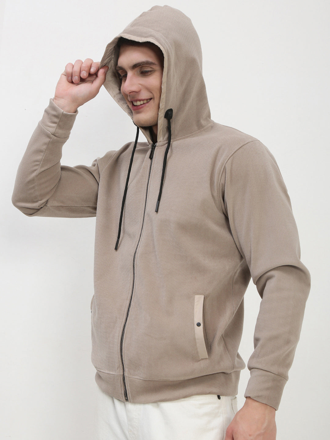 Men's Beige Solid Hooded Sweatshirt