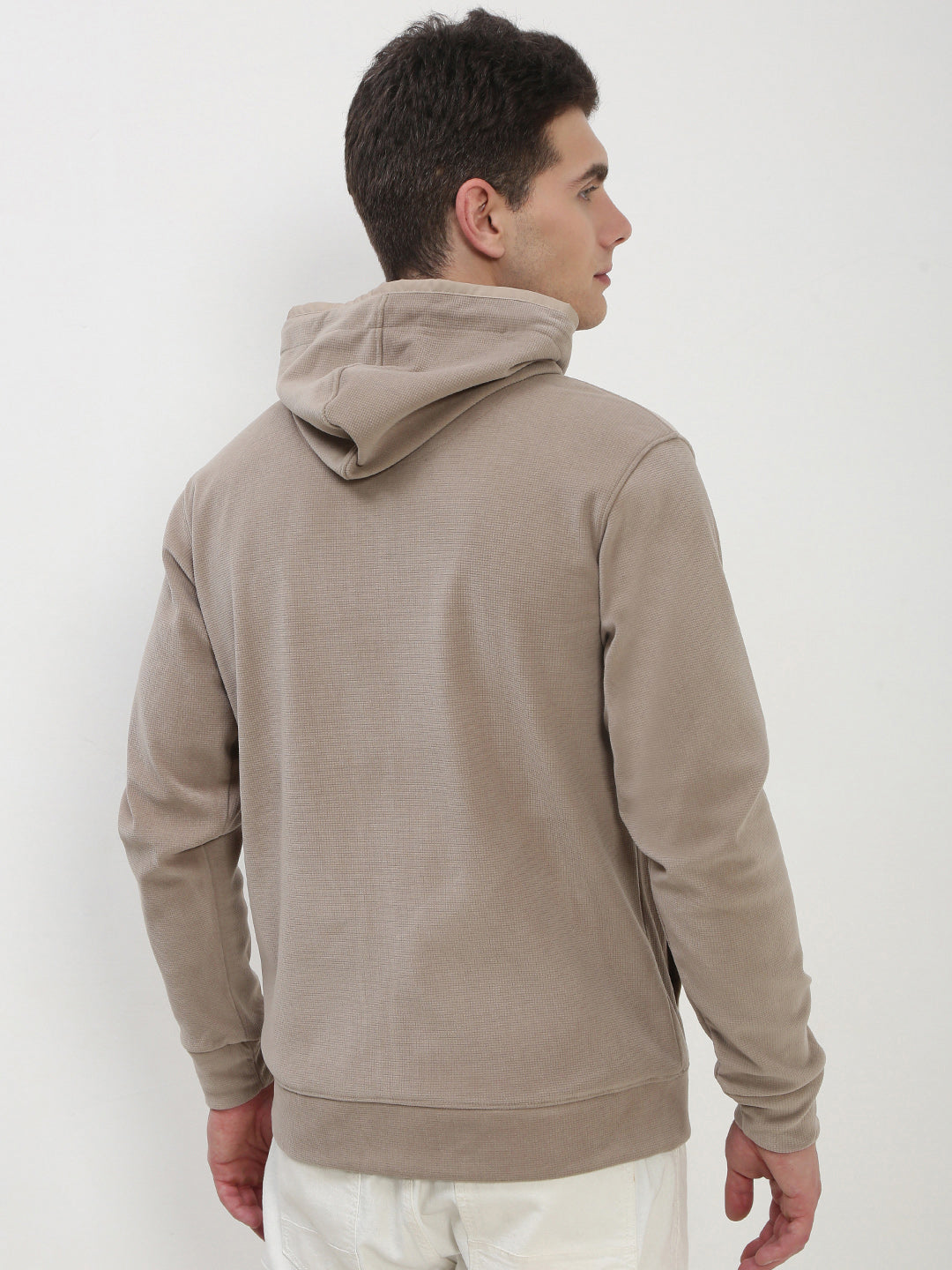 Men's Beige Solid Hooded Sweatshirt