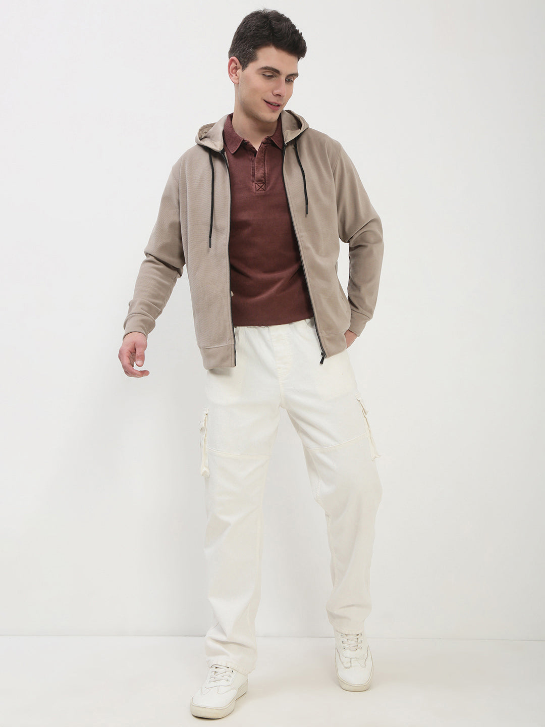 Men's Beige Solid Hooded Sweatshirt