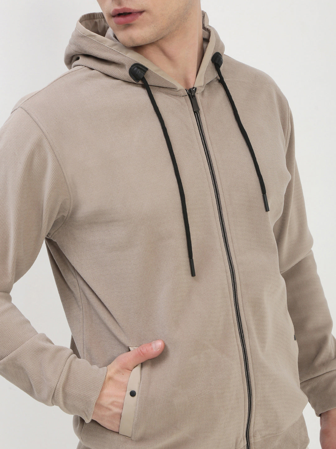 Men's Beige Solid Hooded Sweatshirt