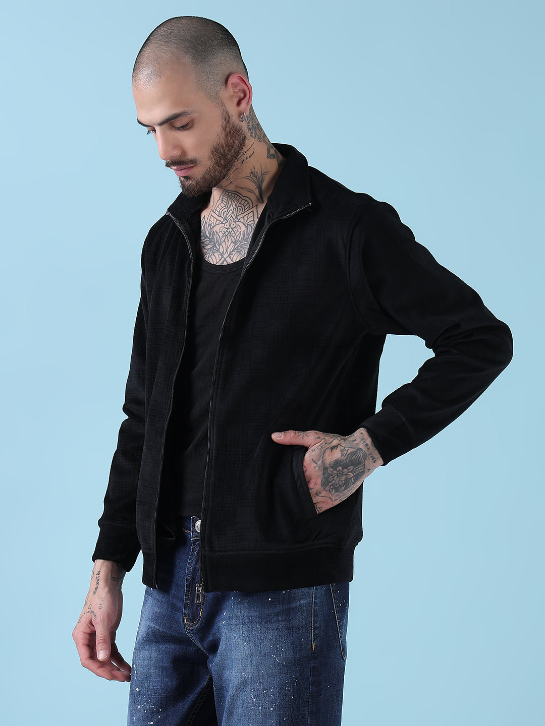 Men's Mock Collar Black Checked Sporty Jacket