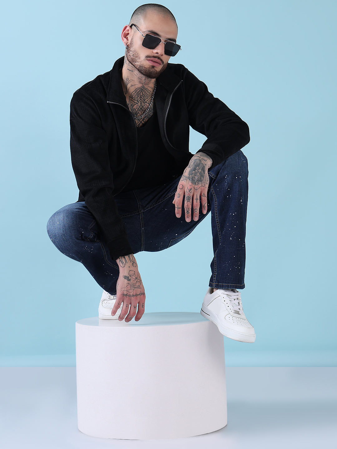 Men's Mock Collar Black Checked Sporty Jacket