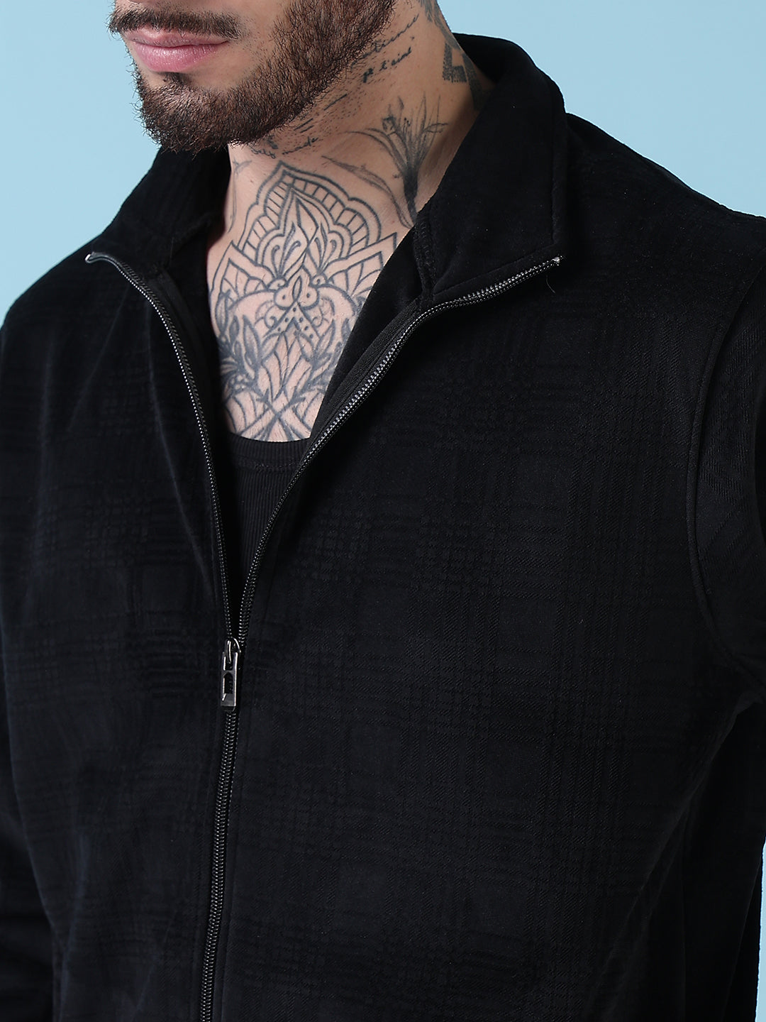 Men's Mock Collar Black Checked Sporty Jacket