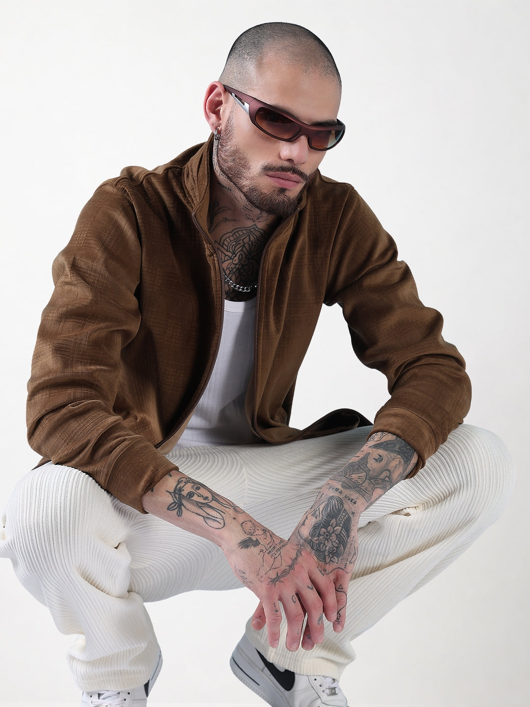 Men's Mock Collar Brown Checked Sporty Jacket